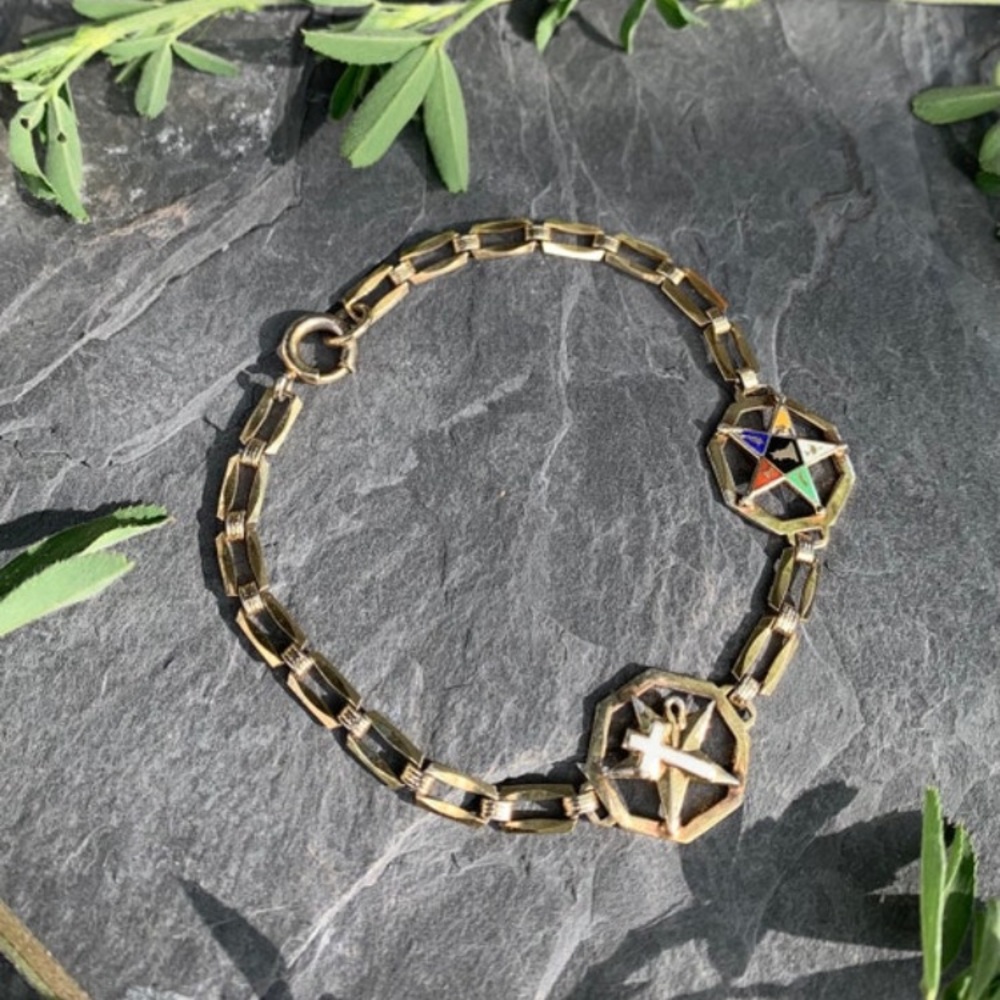 Antique Art Deco 10k Sterling Silver Enamel Masonic Lodge Bracelet 7.5"